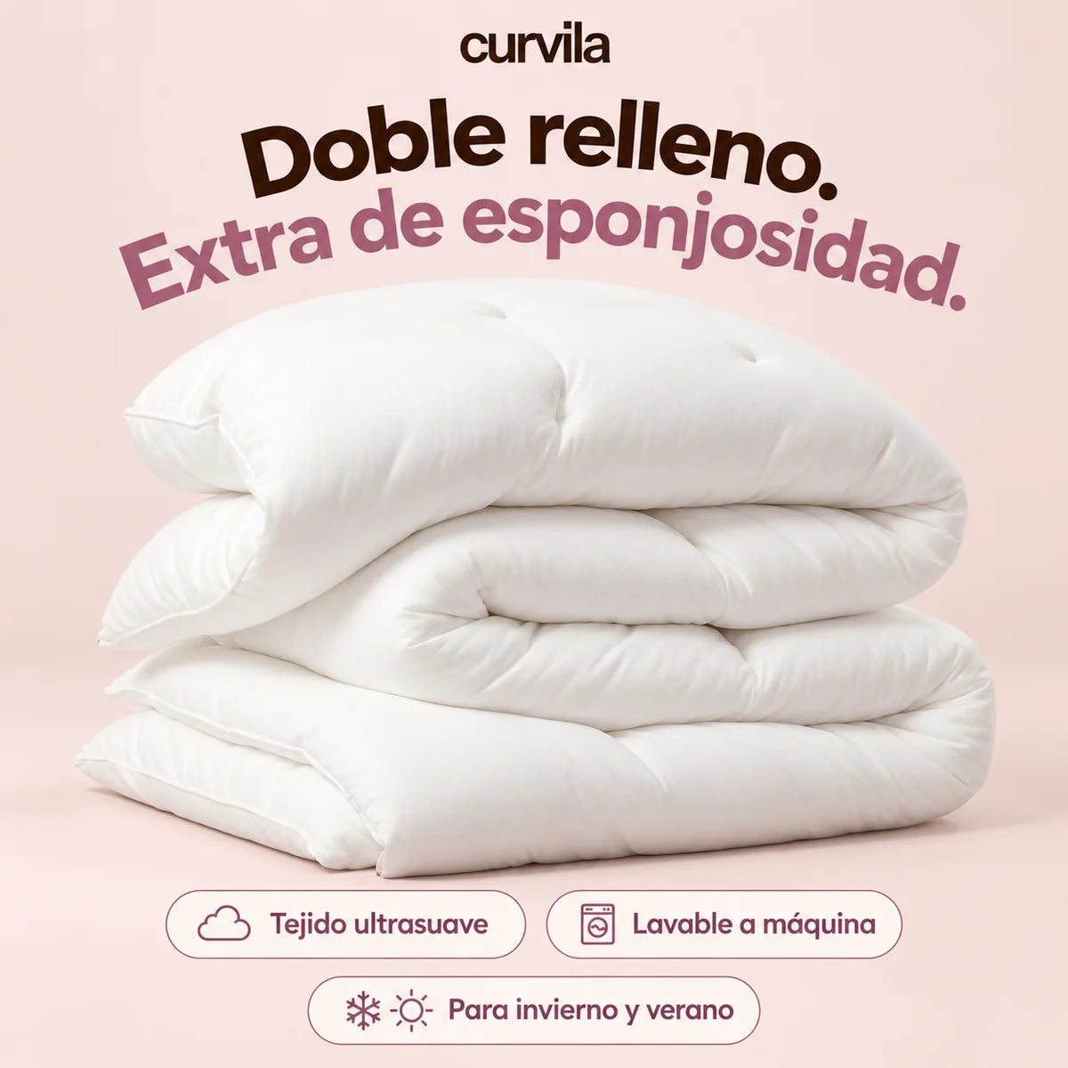 Edredón blanco Curvila doblado, con superficie lisa y doble relleno