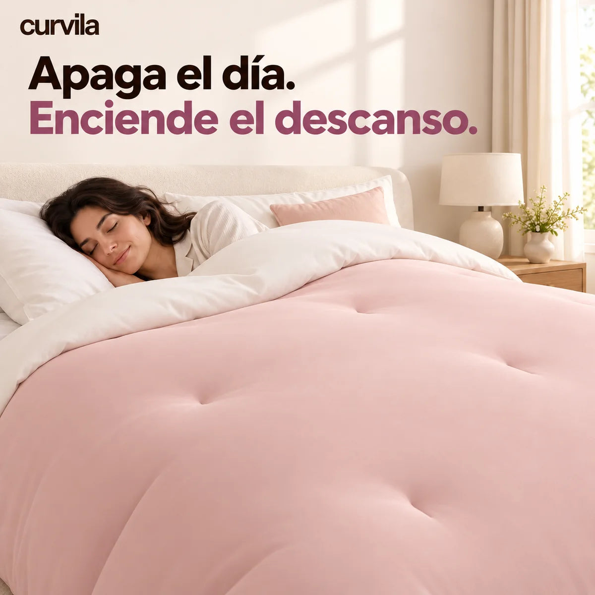 Descanso bajo el edredón rosa de Curvila